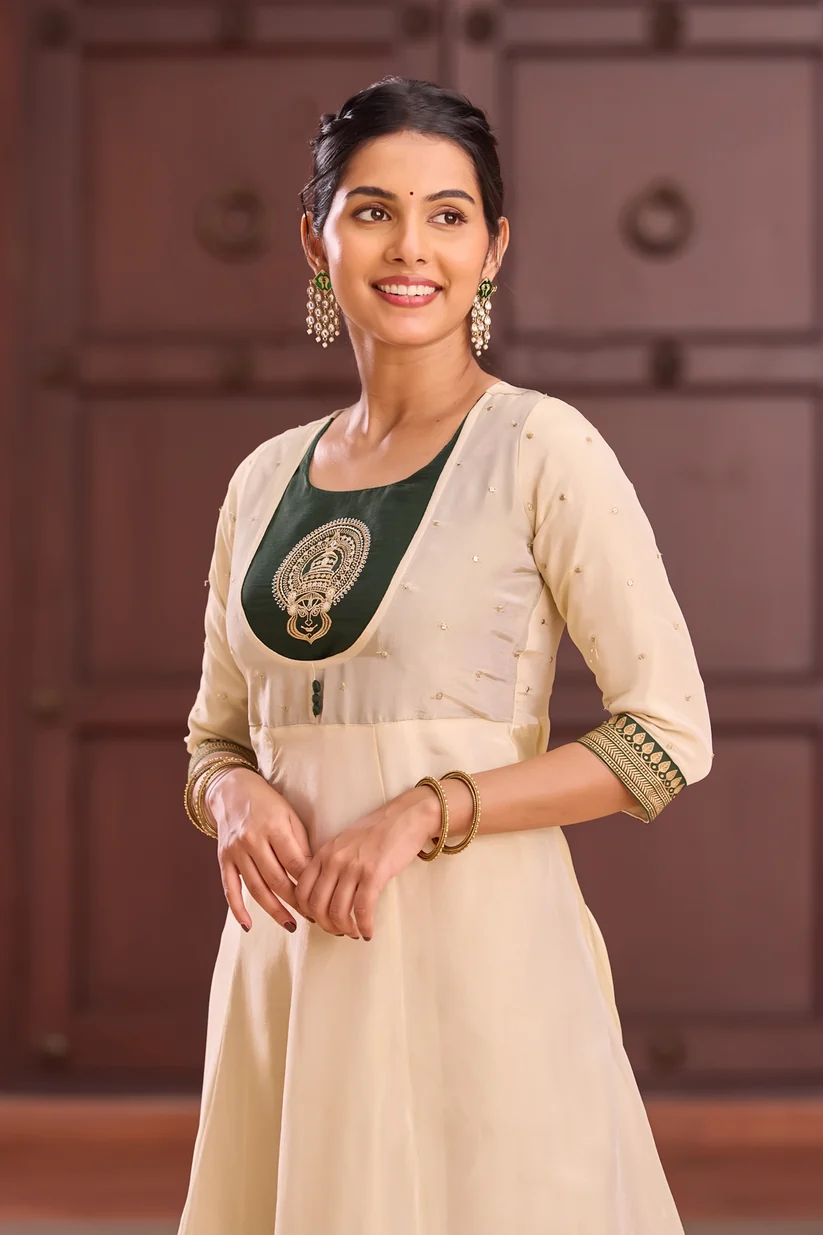 Green & Off-White Kathakali Embroidered Anarkali